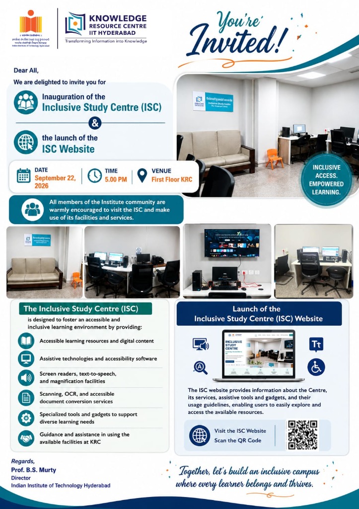 Inauguration of Inclusive Study Centre (ISC) on September 22, 2026 at 5.00 PM @ KRC